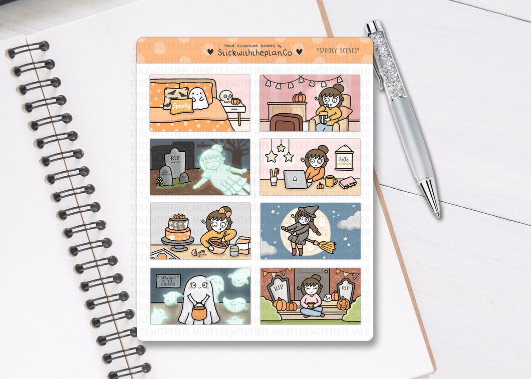 FL_022 Cute Spooky Scenes (1.5'' Box) | Lottie Stickers | Autumn/Fall and Halloween Planner Stickers